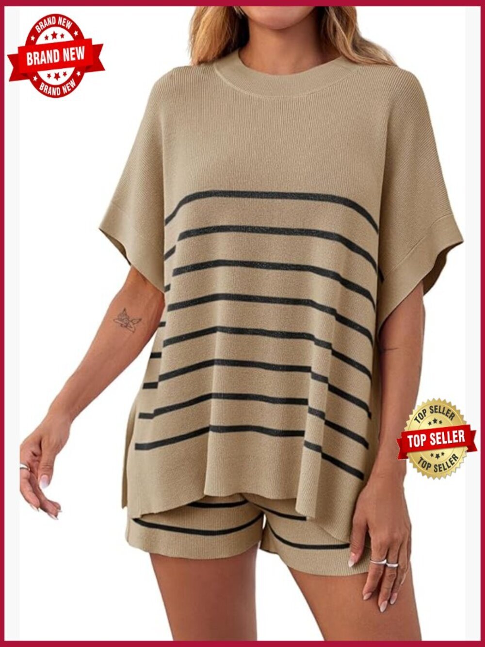 Striped 2 Piece Lounge Set Oversized Batwing Top Shorts Summer Knit